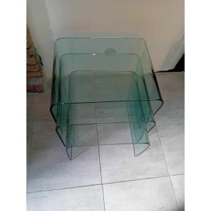 Suite Of 3 Nesting Tables In Curved Glass From The 80s.