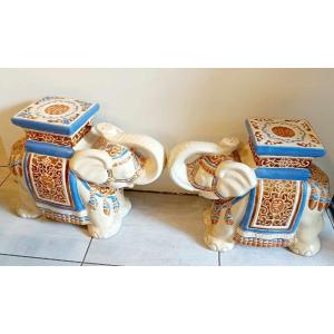 Pair Of Elephants In Glazed Earthenware For Use As Ends Of Sofas,