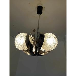 Chandelier 3 Balls Stainless Steel Frame 70s Space Age