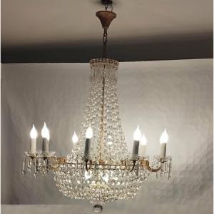 Lustre corbeille attribué à BACCARAT début 20 eme. Grand modèle 10 bras de lumière