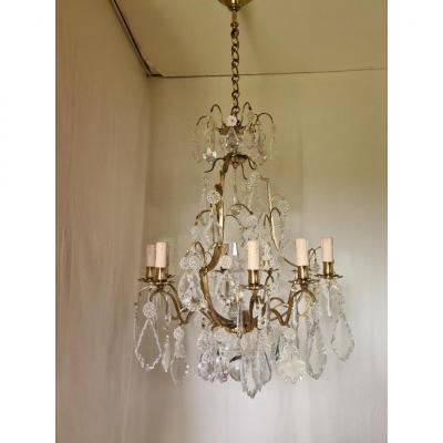 Very Beautiful Cage Chandelier In Bronze With Crystal Plates