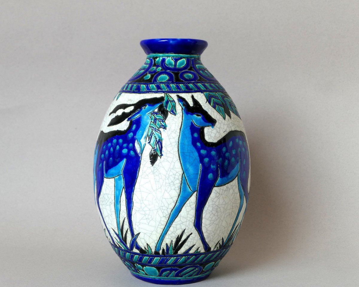 C. Catteau - Vase En Faïence Craquelée - Décor De Biches (d943)-photo-2