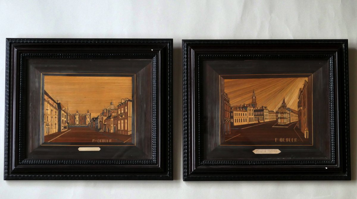 Pair Of Tableaus In Straw Marquetry
