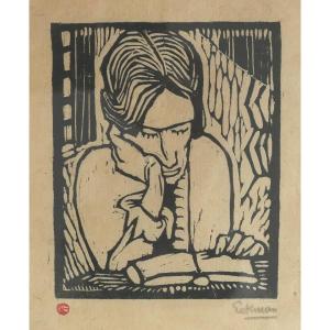 Nicolas Eekman «femme à La Lecture» - Gravure S/bois