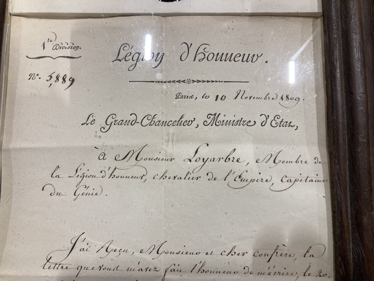 Set: Letter And Legion Of Honour Of The 1st Model Of The First Empire. Framed Under Glass.-photo-3