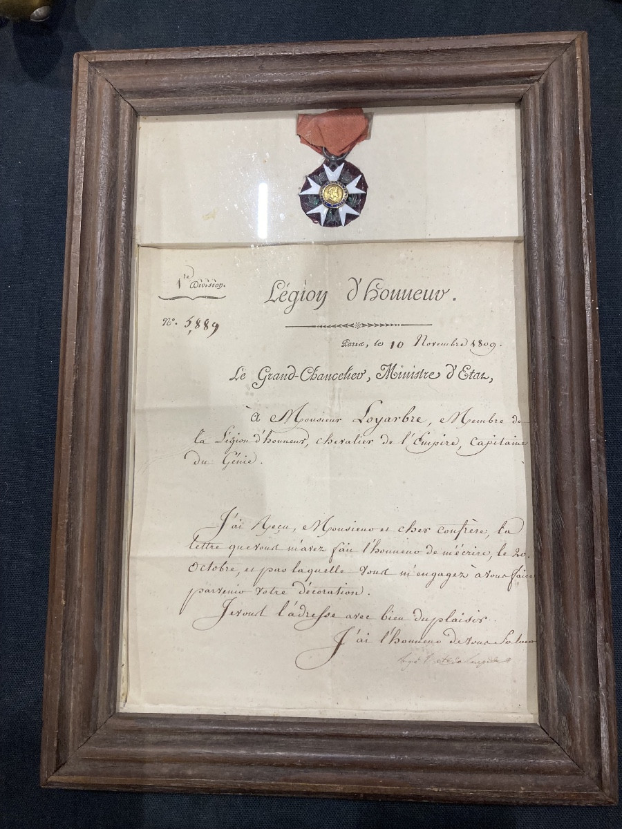 Set: Letter And Legion Of Honour Of The 1st Model Of The First Empire. Framed Under Glass.
