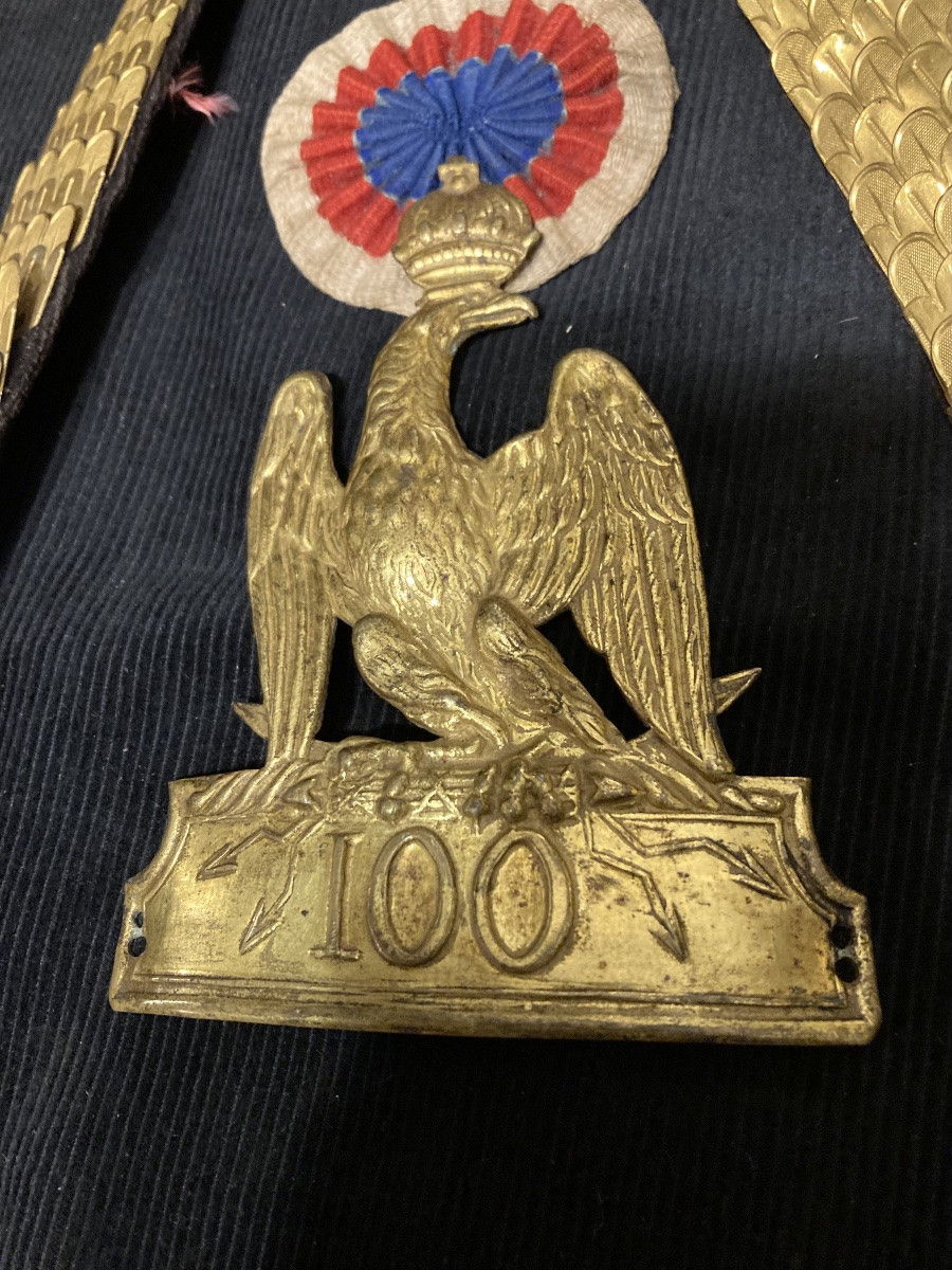 Set: Officer's Shako Plate Of The 100th Infantry Regiment, Type 1804. Chin Straps. Cockade.-photo-2