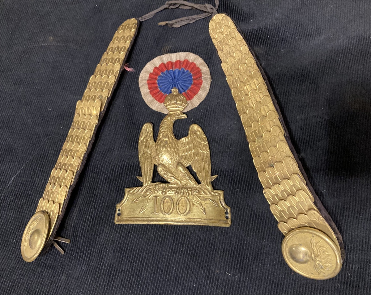 Set: Officer's Shako Plate Of The 100th Infantry Regiment, Type 1804. Chin Straps. Cockade.