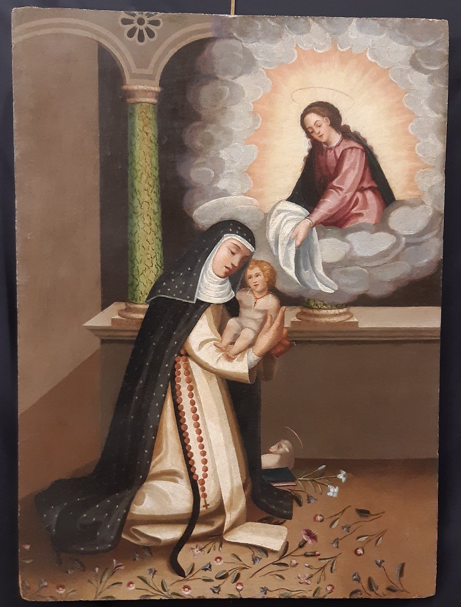 Présentation De l'Enfant Jésus à Sainte Thérèse. Huile Sur Panneau. Espagne. 17e Siècle.