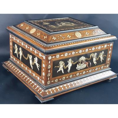 Box. Marquetry Of Bone, Brass, Mother Of Pearl And Zinc. Italy. 19th Century