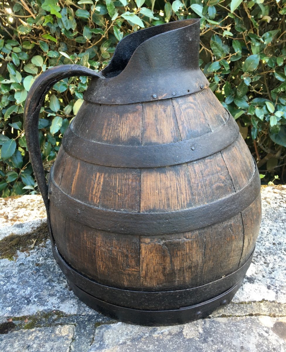 Large Iron-rimmed Wooden Wine Pitcher-photo-3