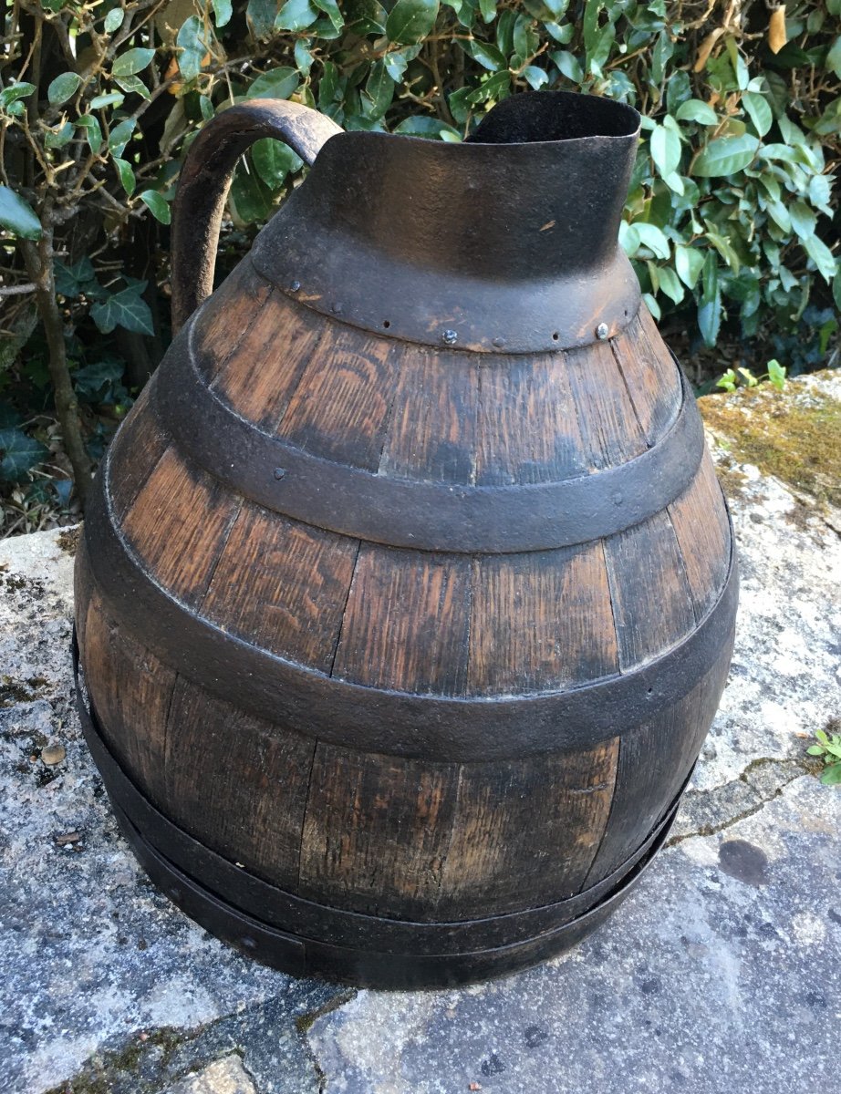 Large Iron-rimmed Wooden Wine Pitcher-photo-4