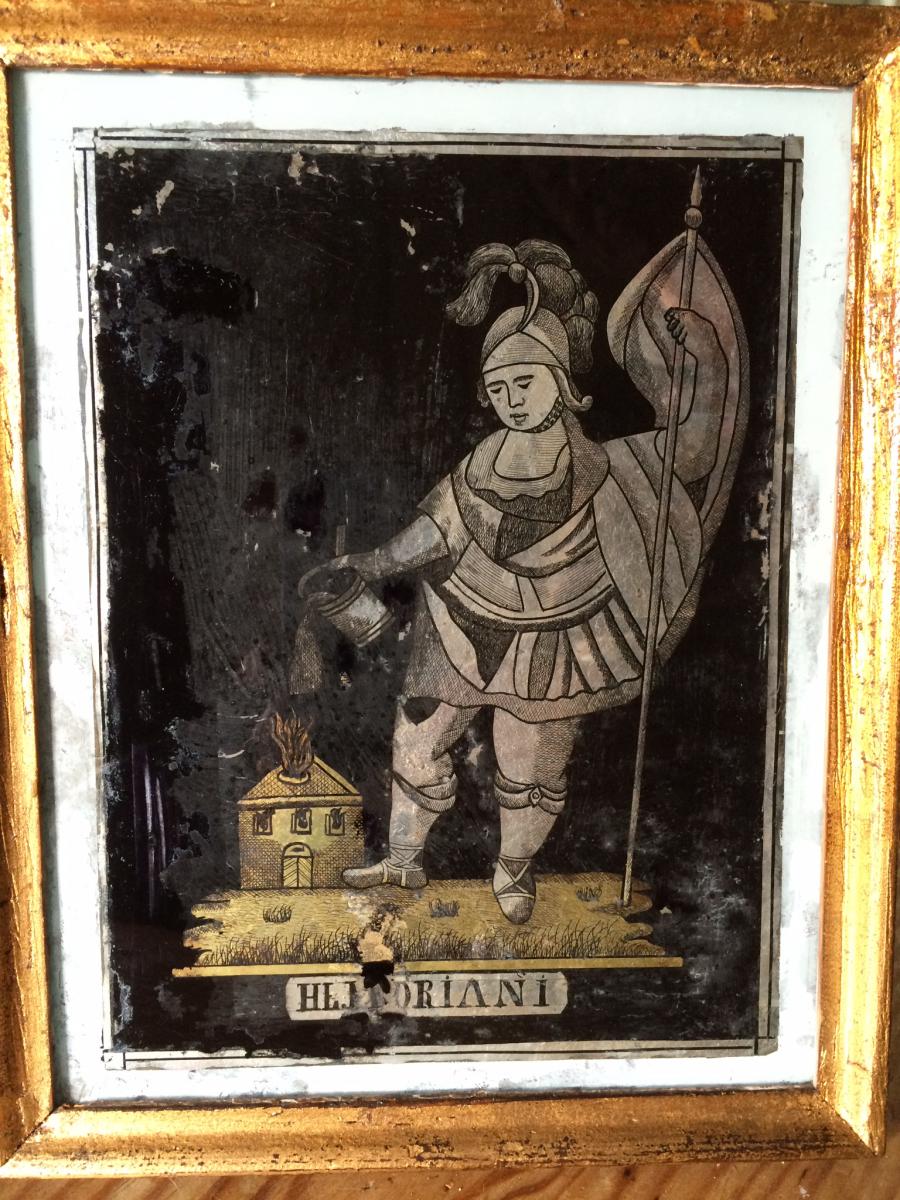 Saint Florian éteignant l'Incendie, Peinture Sous Verre, Europe Centrale XVIII éme 