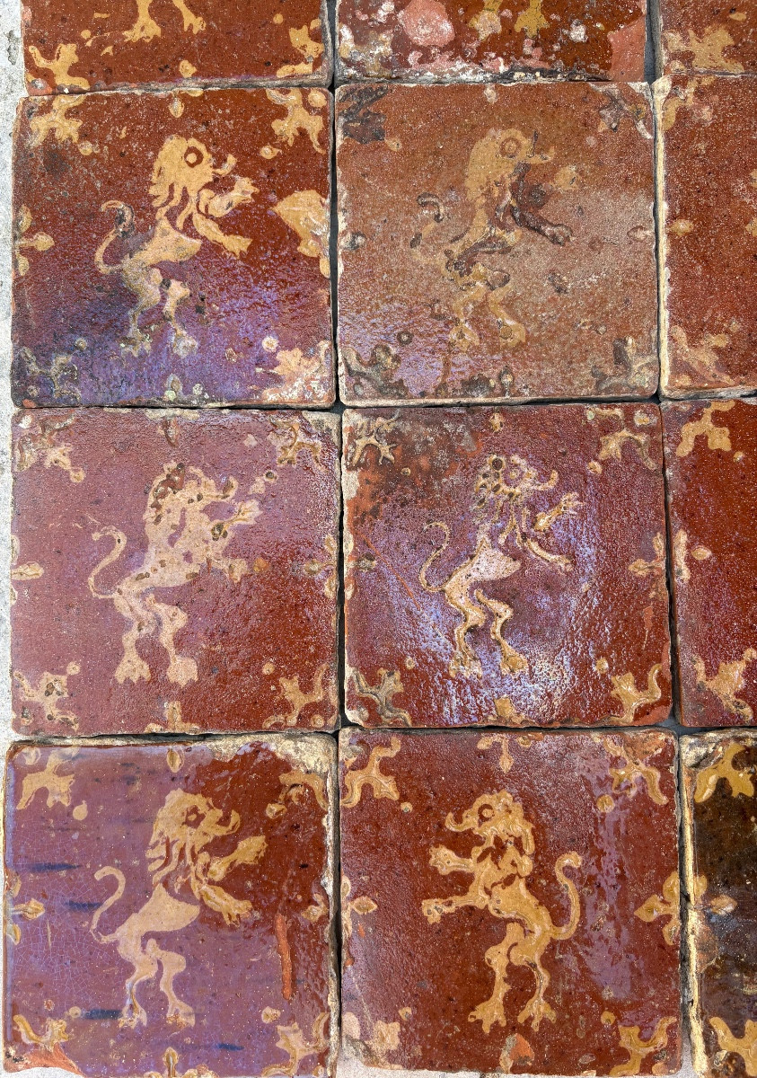 19 Flanders Glazed Terracotta Lion Tiles, 16th Or 17th Century-photo-3