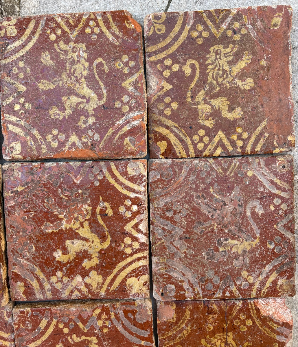 9 Flanders Glazed Terracotta Lion Tiles, 16th Or 17th Century-photo-2