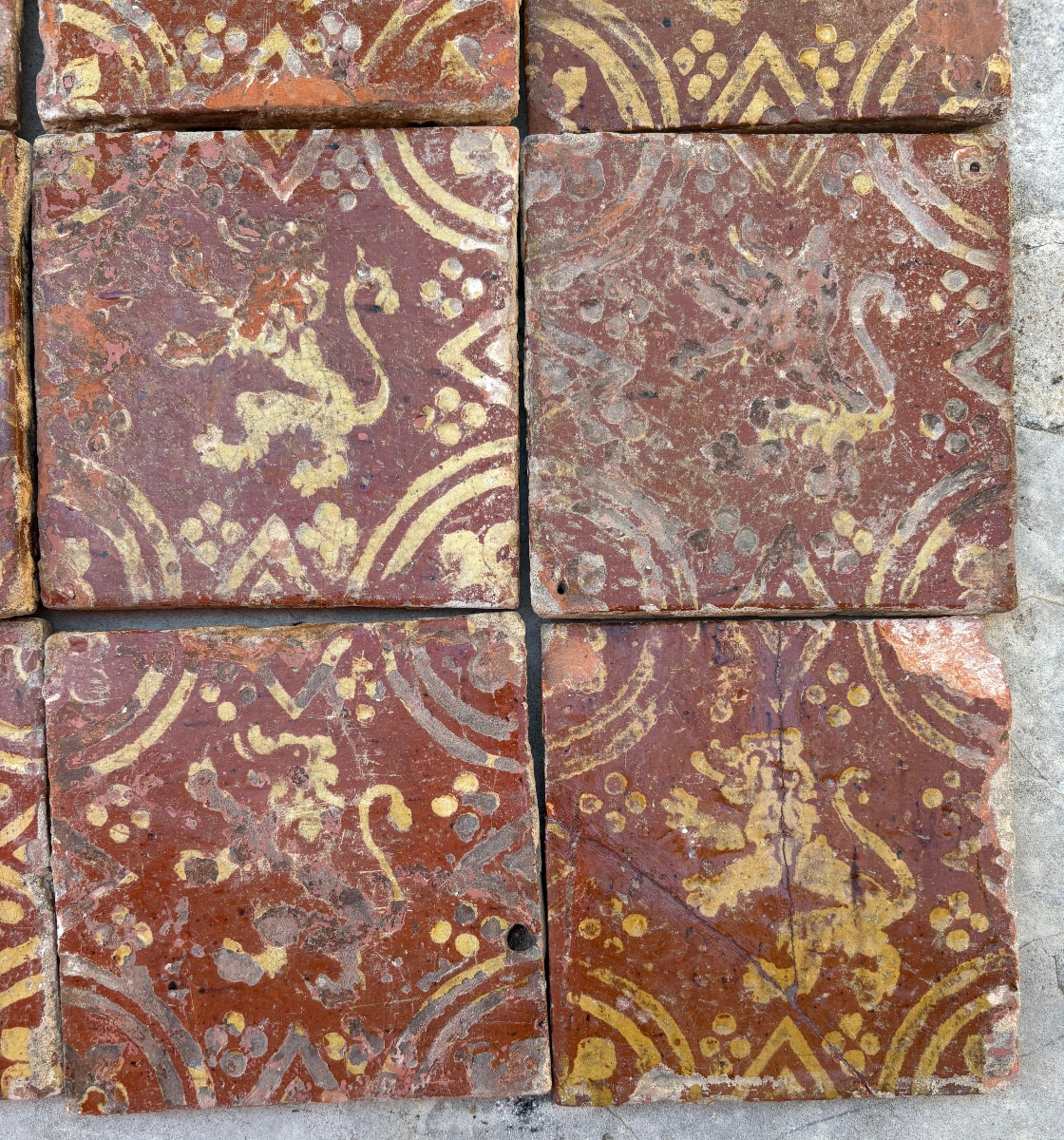 9 Flanders Glazed Terracotta Lion Tiles, 16th Or 17th Century-photo-3