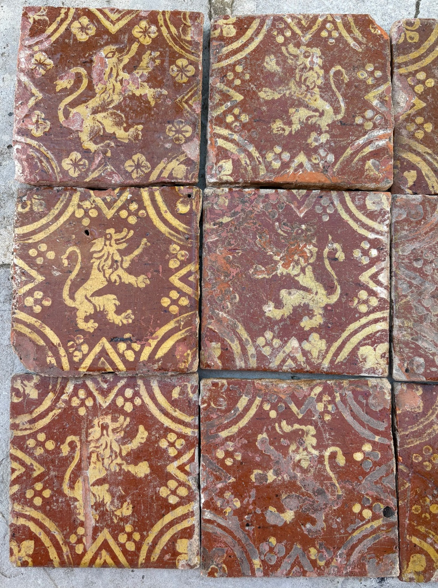9 Flanders Glazed Terracotta Lion Tiles, 16th Or 17th Century-photo-4