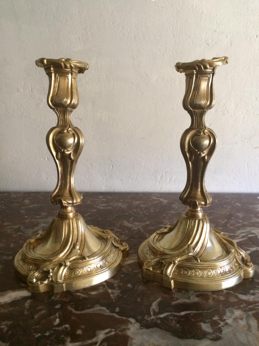 Candlesticks Pair Louis XV Gilt Bronze