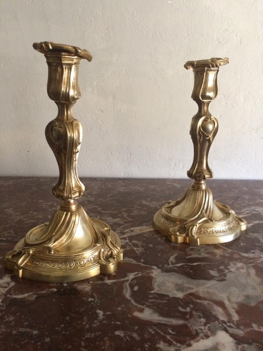 Candlesticks Pair Louis XV Gilt Bronze-photo-2