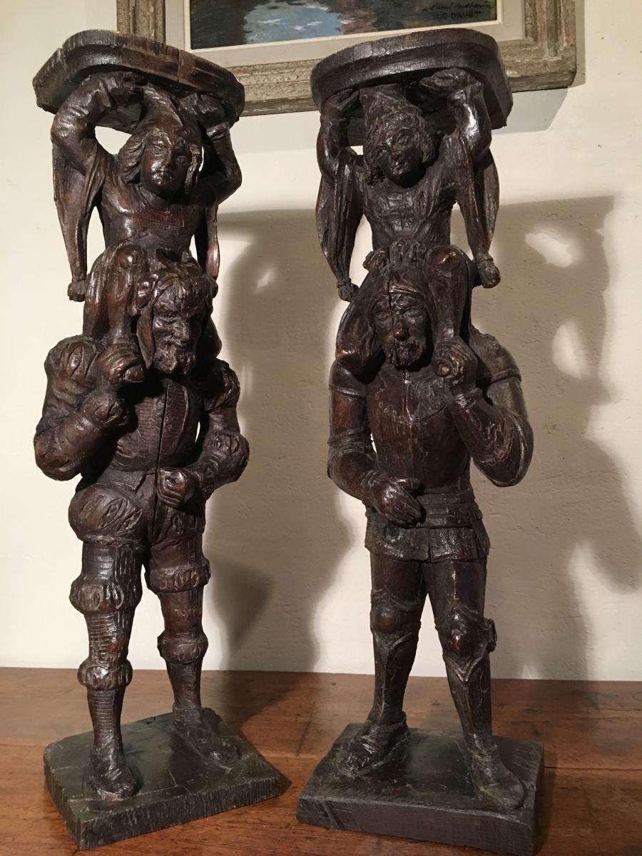 Pair Of Pedestals Carved Wood XIX