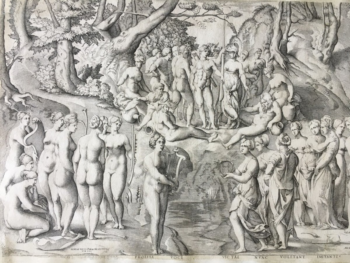Mythological Engraving The Challenge Of The Piérides After Pierino Del Vaga XVI Th-photo-3