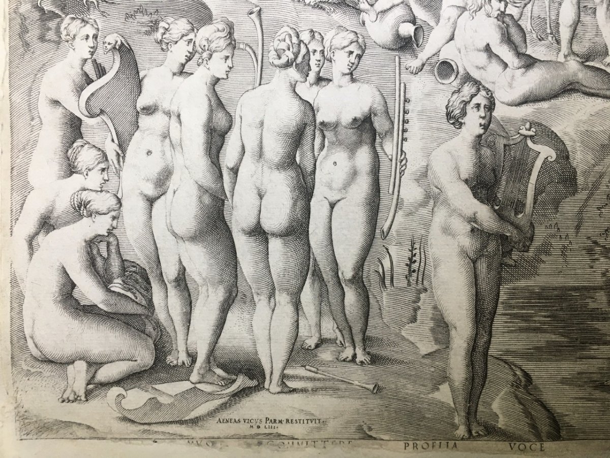 Gravure Mythologique Le Défi Des Piérides D’après Pierino Del Vega XVI ème -photo-7