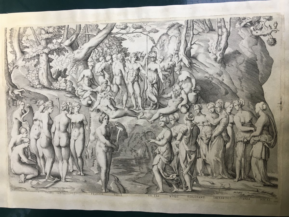 Mythological Engraving The Challenge Of The Piérides After Pierino Del Vaga XVI Th