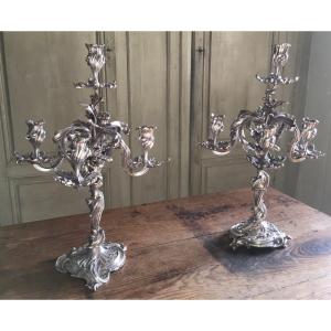 Pair Of Large 19th Century Silver Bronze Candelabra