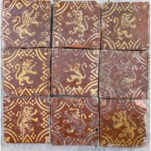 9 Flanders Glazed Terracotta Lion Tiles, 16th Or 17th Century