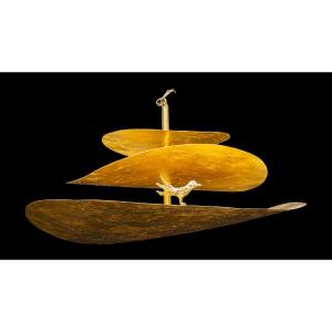 Lustre « Arbre Terre à l’oiseau » fer forgé doré à la feuille, de Jérôme Quilan, XXI ème.