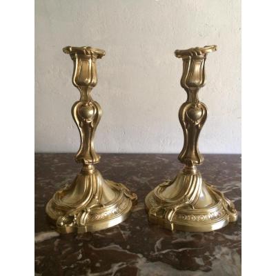Candlesticks Pair Louis XV Gilt Bronze