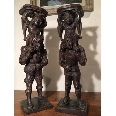 Pair Of Pedestals Carved Wood XIX