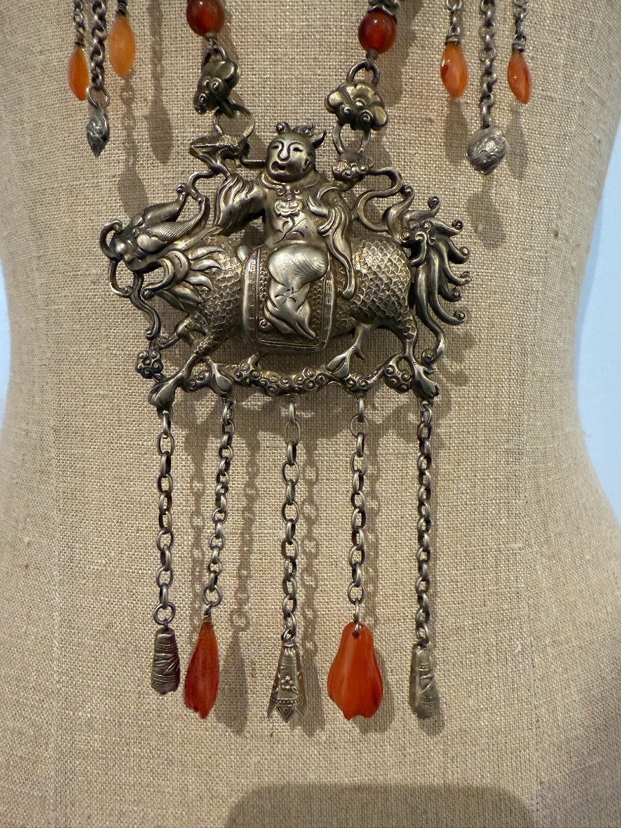 Chinese Silver Necklace Decorated With Carnelian Rosary-photo-4