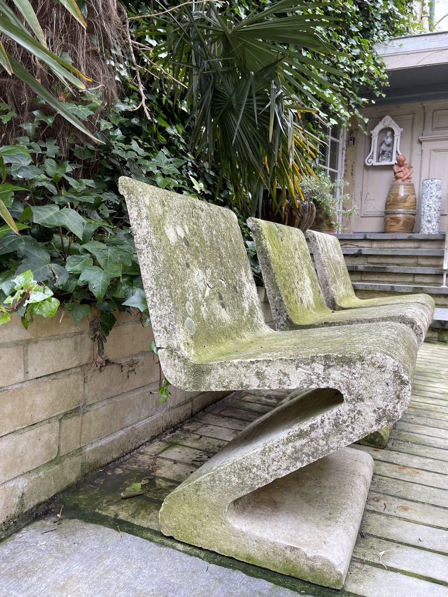 Suite de 6 fauteuils "Zig-Zag" en béton armé-photo-2