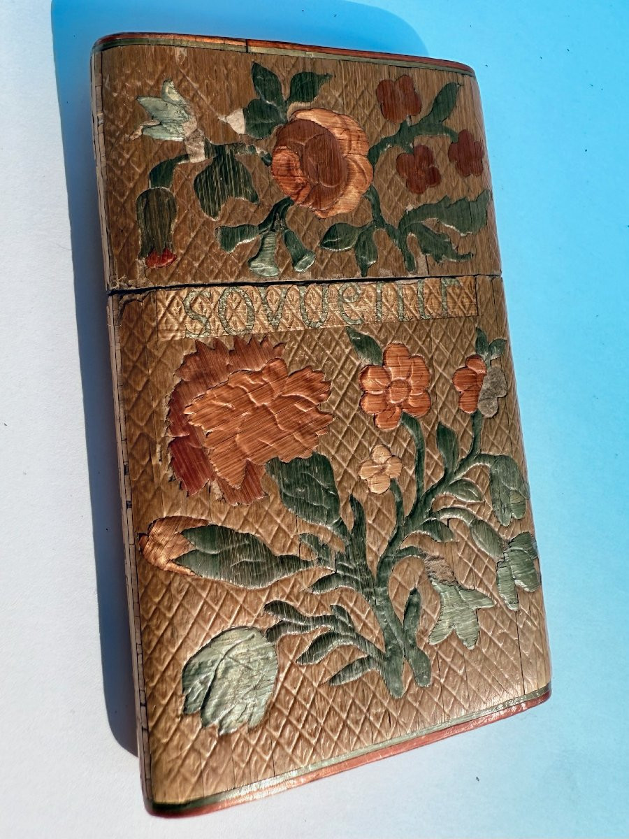 Ensemble de six objets de marqueterie de paille, carnets de bal et étuis - XVIIIe/XIXe siècle-photo-4