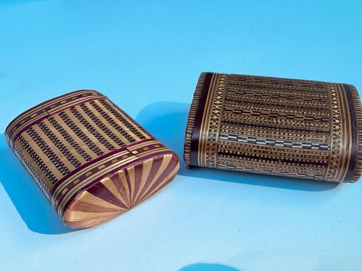 Ensemble de six objets de marqueterie de paille, carnets de bal et étuis - XVIIIe/XIXe siècle-photo-3