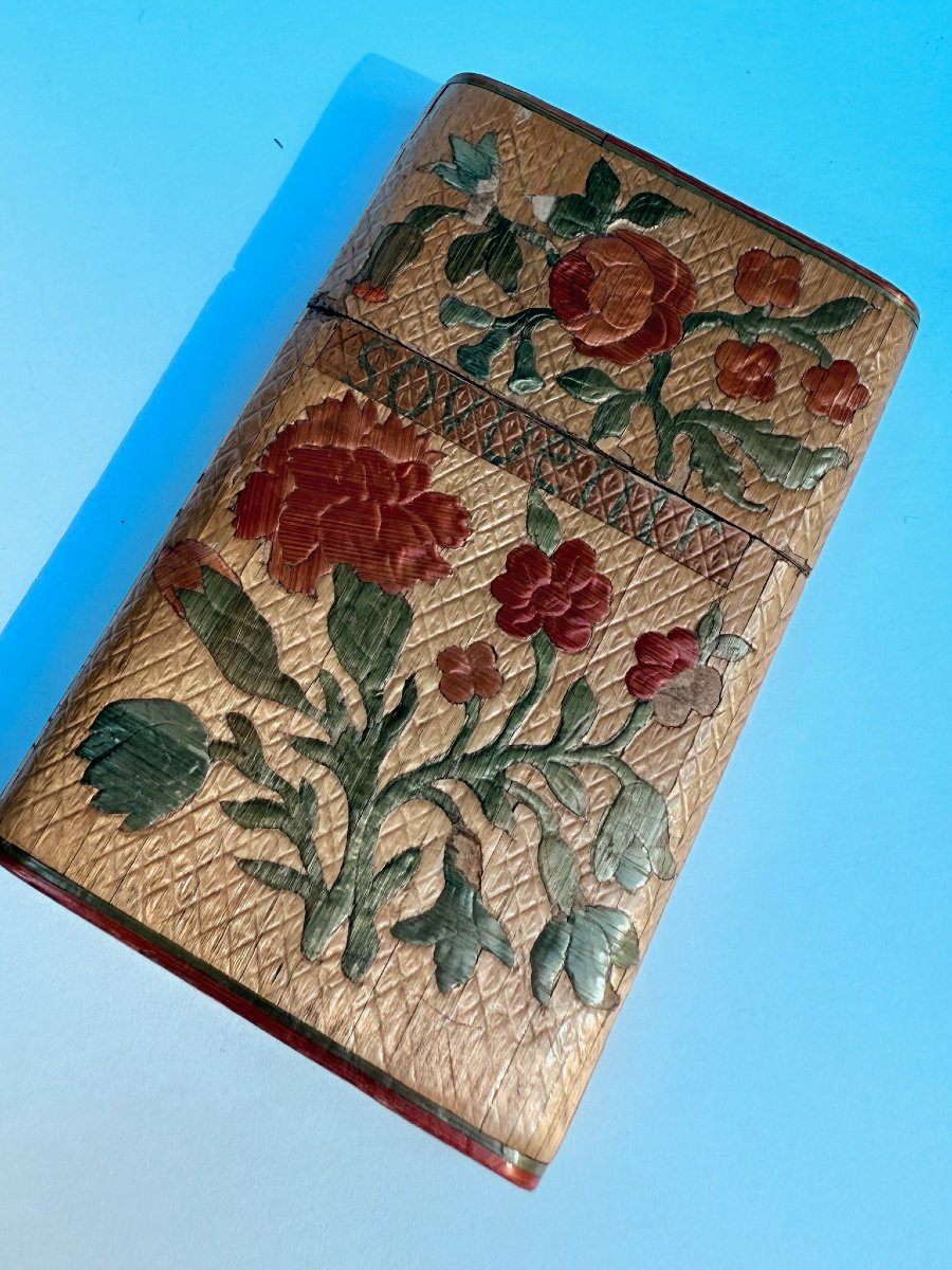Ensemble de six objets de marqueterie de paille, carnets de bal et étuis - XVIIIe/XIXe siècle-photo-4