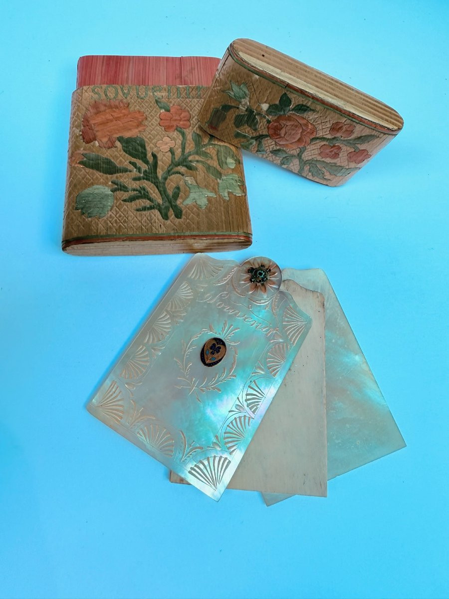 Ensemble de six objets de marqueterie de paille, carnets de bal et étuis - XVIIIe/XIXe siècle-photo-6