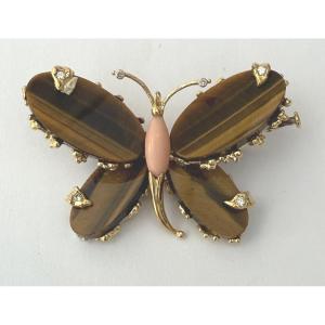 Attributed To Fred. Yellow Gold & Tiger's Eye Butterfly Brooch