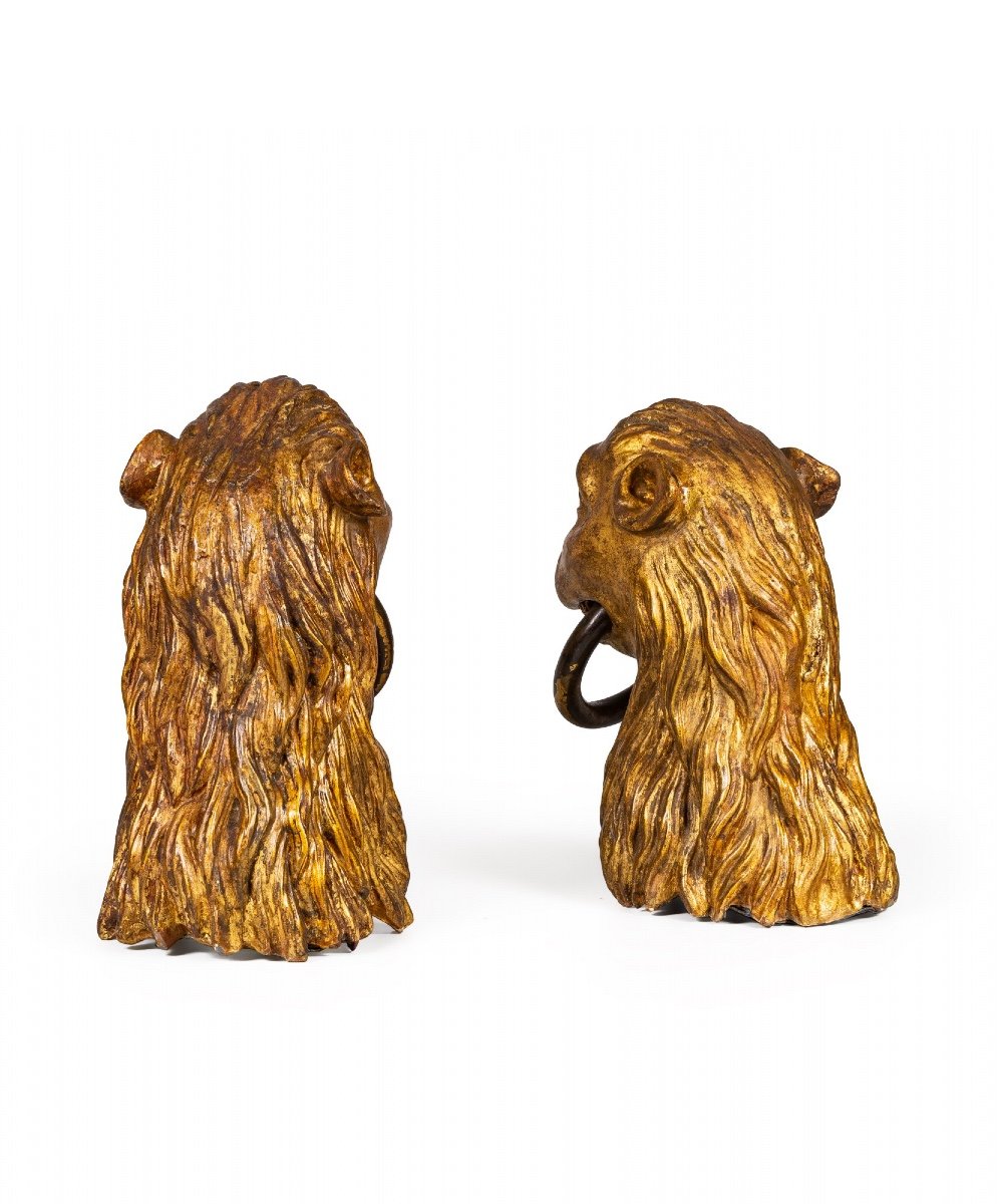 Set Of Two Carved And Gilt Wooden Heads Of Lions, Italy, Venice, 1760 Circa-photo-2