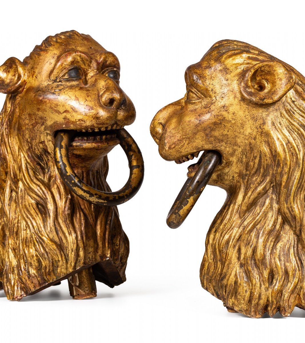 Set Of Two Carved And Gilt Wooden Heads Of Lions, Italy, Venice, 1760 Circa-photo-3