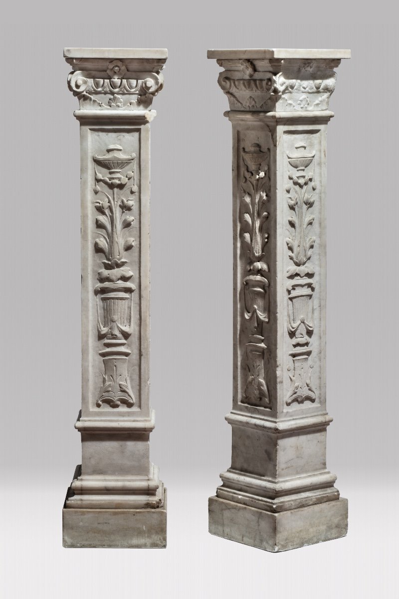 Italian Antique Pair Of Columns/plinths With Floral Motifs, 19th Century-photo-2