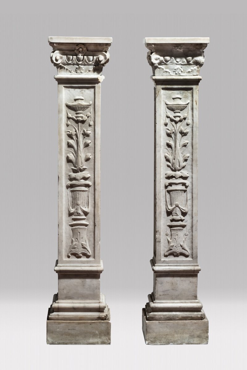 Italian Antique Pair Of Columns/plinths With Floral Motifs, 19th Century-photo-3
