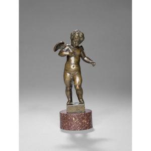 Bronze Figure Of Young Cherub On Porphyry Base, Workshop Of Roccatagliata