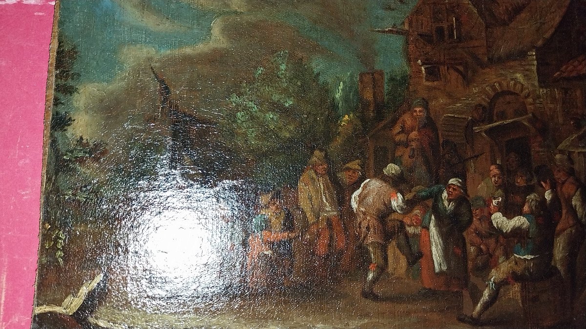 Scène De Taverne, Entourage De Teniers, Tableau époque 17ème.-photo-2