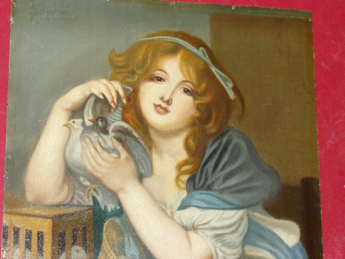 "young Girl With Doves" Oil On Panel 19th Century.-photo-2