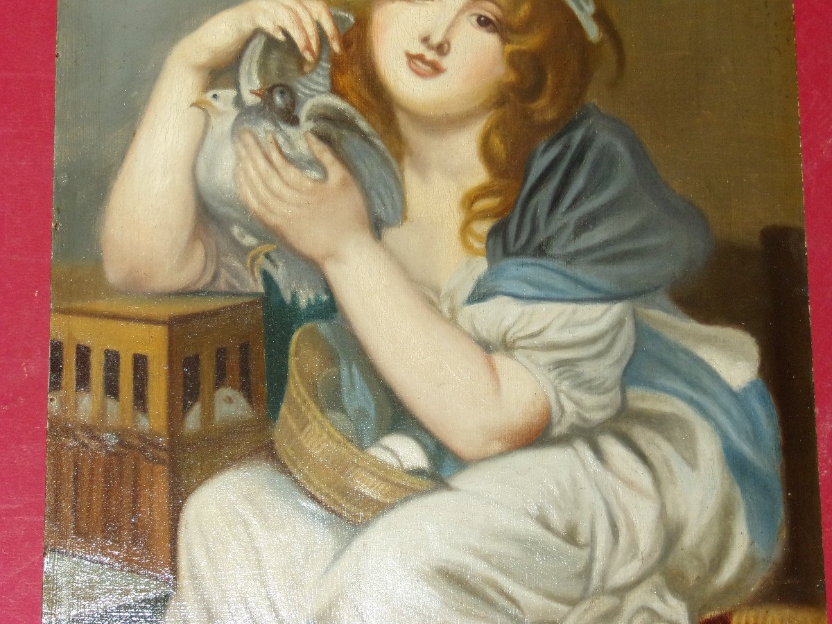 "young Girl With Doves" Oil On Panel 19th Century.-photo-3