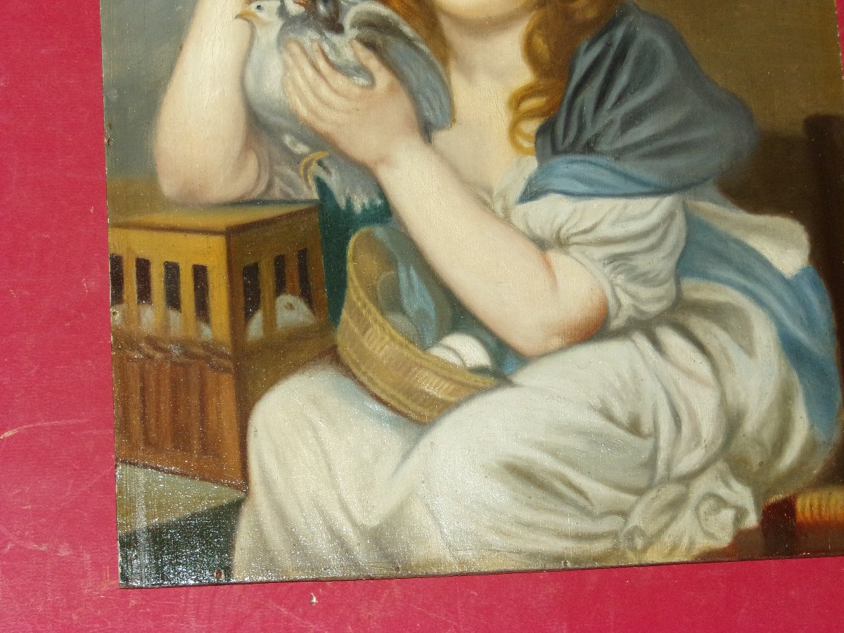 "young Girl With Doves" Oil On Panel 19th Century.-photo-4