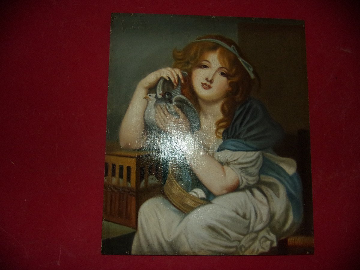 "young Girl With Doves" Oil On Panel 19th Century.