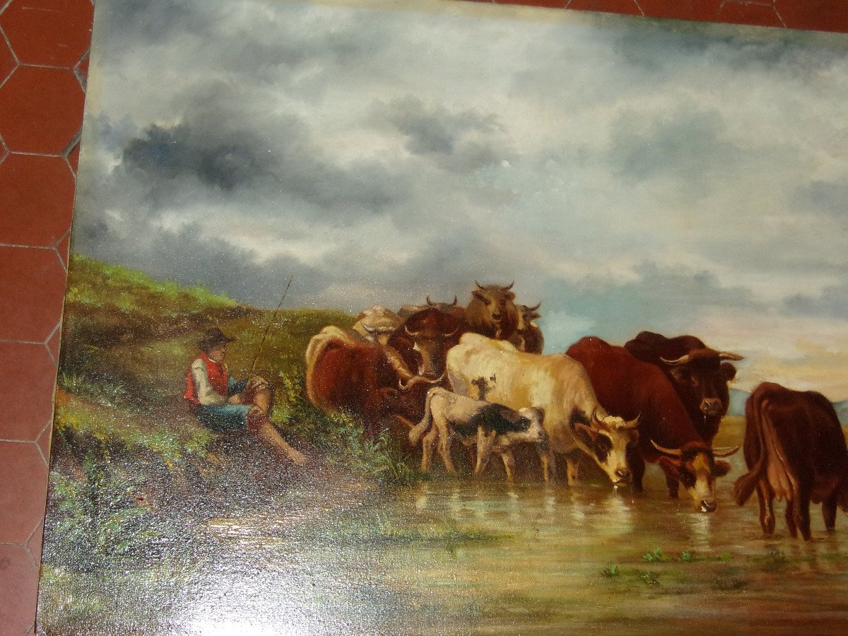 Scene Of A Herd Of Cows Drinking, 19th Century Painting.-photo-2